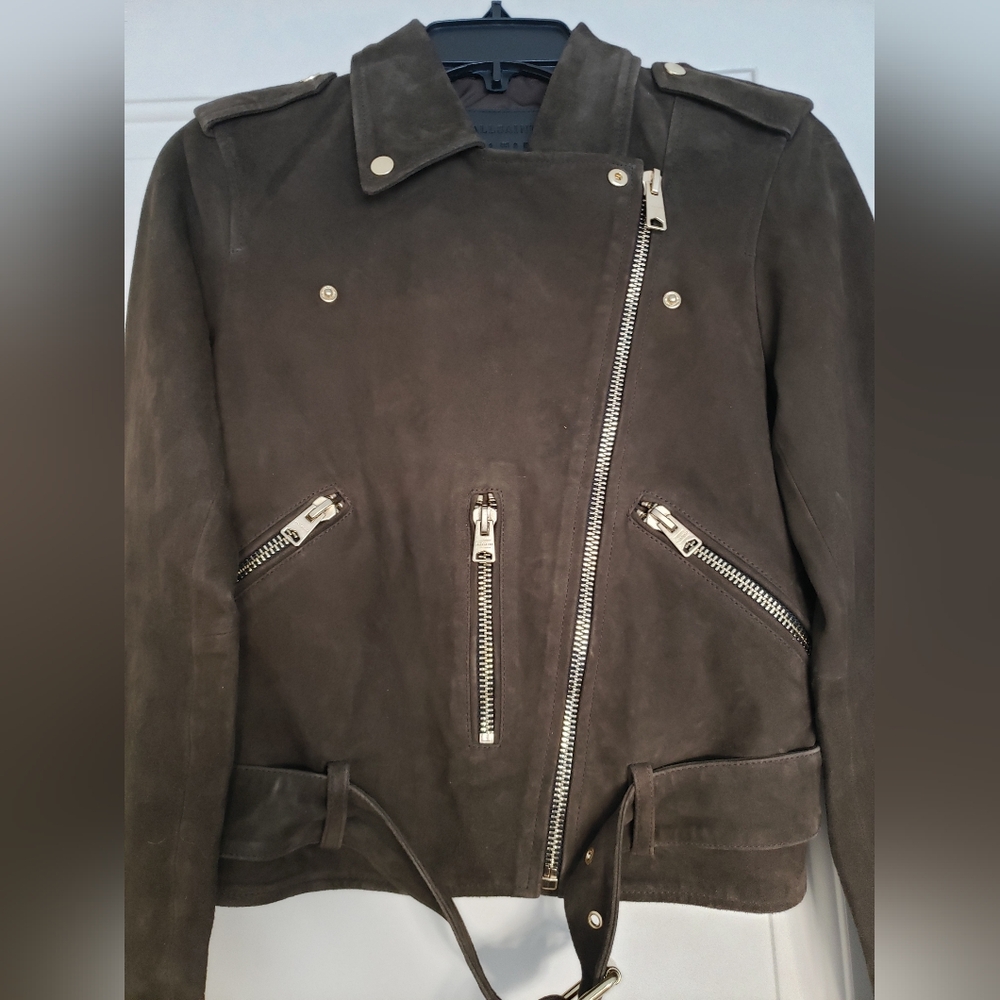 Allsaints suede balfern biker jacket in dark green womens size 2 - Picture 4 of 16